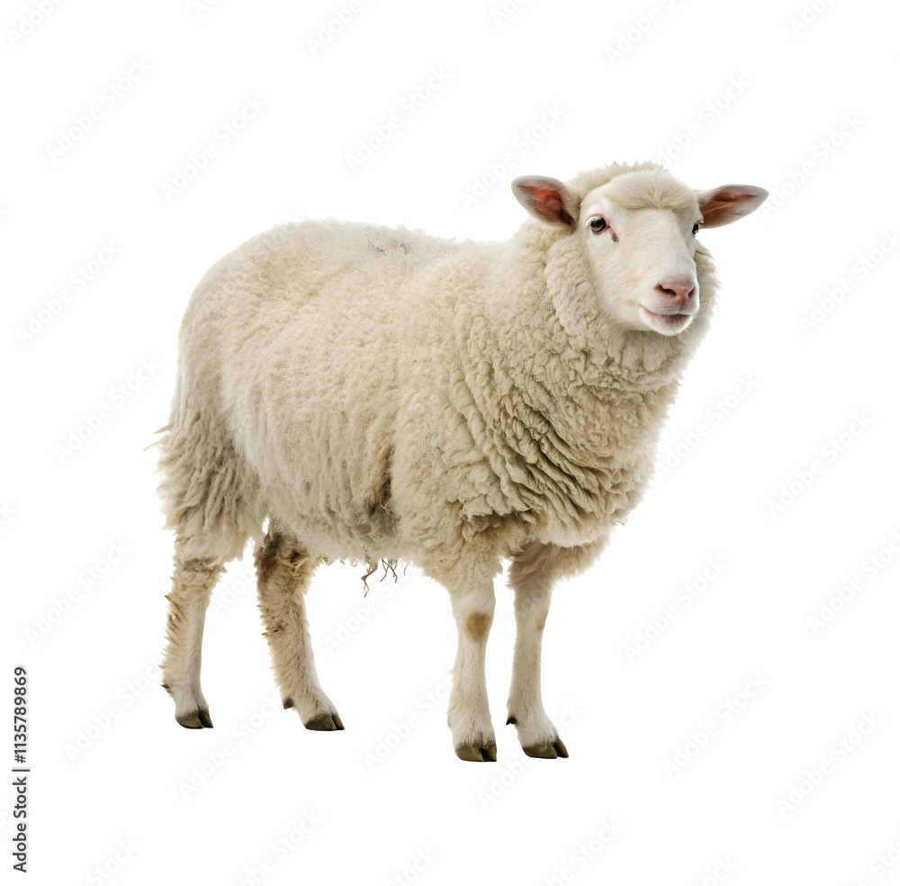 A soft and fluffy white sheep standing gracefully, showcasing its thick wool and gentle demeanor. PNG file for mock-up. A soft and fluffy white sheep standing gracefully, showcasing its thick wool and gentle demeanor. PNG file for mock-up.