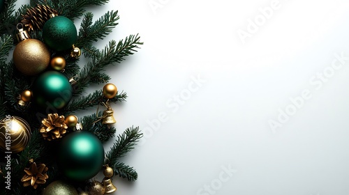 Elegant Christmas Decoration: Green and Gold Ornaments on Fir Branches