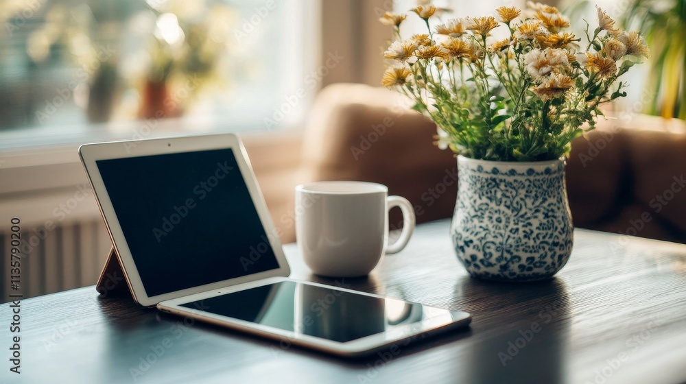 A cozy workspace featuring a tablet, a coffee mug, and a vase of flower on a wooden table. A cozy workspace featuring a tablet, a coffee mug, and a vase of flower on a wooden table.