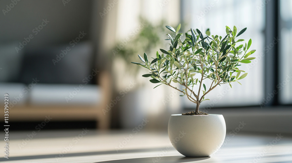 Olive tree in a modern interior, showcasing natural light and minimalistic design Olive tree in a modern interior, showcasing natural light and minimalistic design