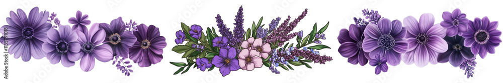 Obraz premium Purple Floral Border Lavender Anemones Flowers Botanical Design Wedding Decor