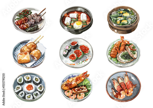 Asian Food Watercolor Illustration set