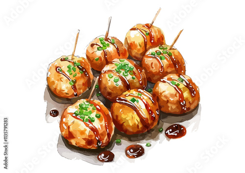 Takoyaki Balls Japanese Street Food Watercolor Illustration