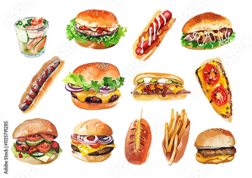 Watercolor Illustrations Fast Food Collection