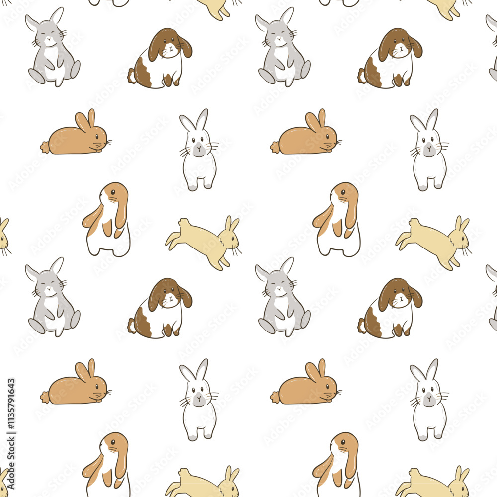 Fototapeta premium Vector illustration of cute rabbits, seamless repeat pattern