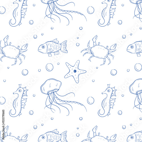 Simple blue and white seamless pattern with seahorses, jellyfish, fish, crabs, and starfish