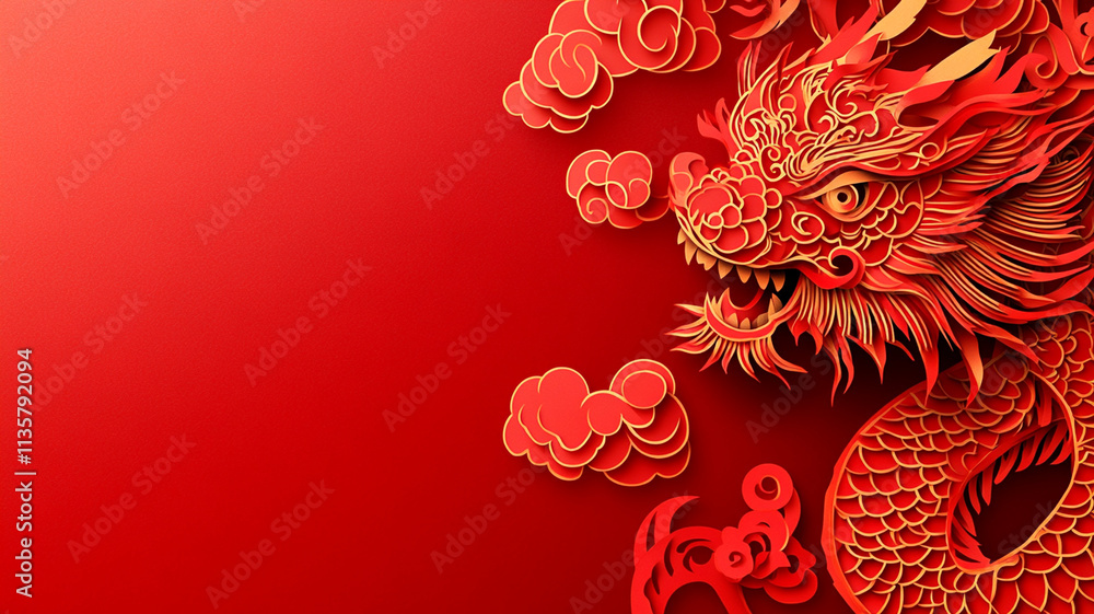 Stylized paper cut art of red dragon with swirling clouds, symbolizing strength and good fortune. Perfect for Chinese New Year celebrations Stylized paper cut art of red dragon with swirling clouds, symbolizing strength and good fortune. Perfect for Chinese New Year celebrations