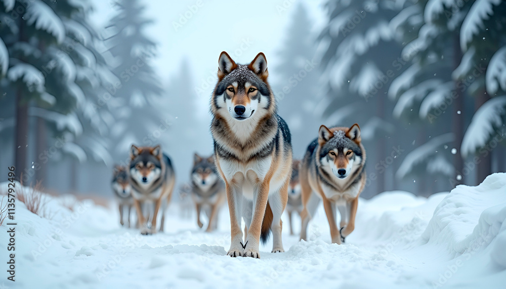 Wolf pack walking confidently through snow-covered forest in winter
