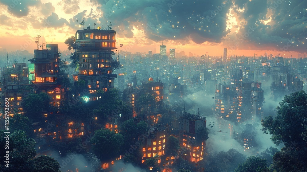 Fototapeta premium Futuristic Cityscape: A Sunset Symphony of Urban Nature