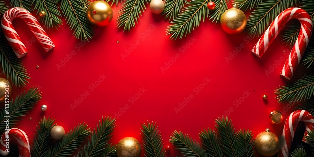 Merry Christmas and happy New Year background, Christmas baubles, candies and tree branches on red background with copy space for greeting card Merry Christmas and happy New Year background, Christmas baubles, candies and tree branches on red background with copy space for greeting card