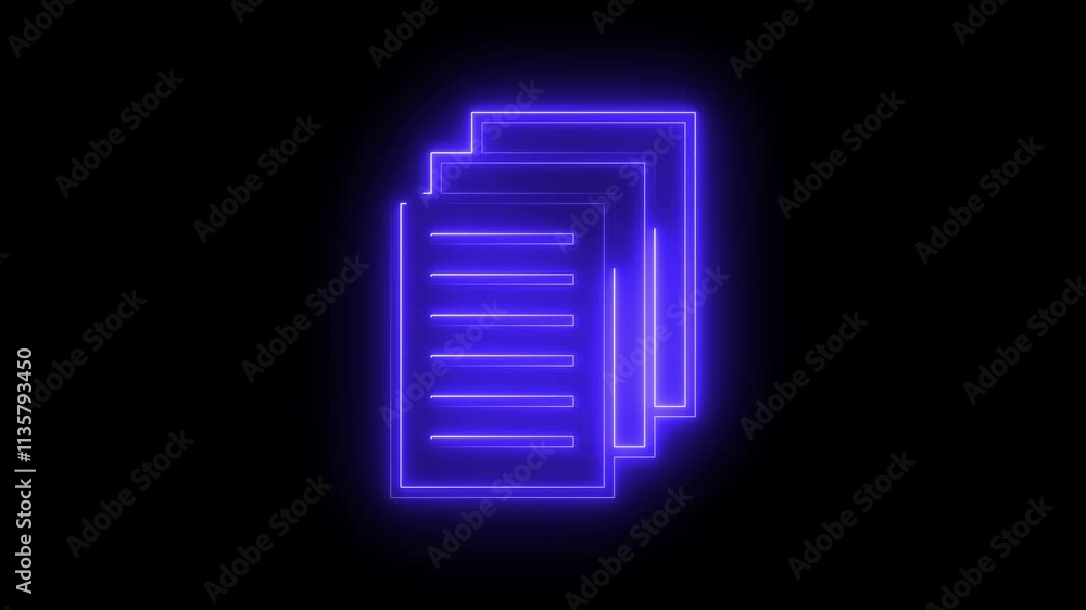 Neon glowing file documents icon animation on black background. Neon glowing file documents icon animation on black background.