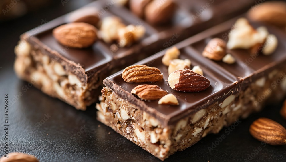 Delicious Dark Chocolate Almond Nut Bar Closeup Delicious Dark Chocolate Almond Nut Bar Closeup