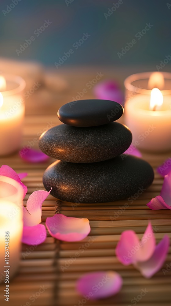 Spa stones and candles with flower petals Spa stones and candles with flower petals