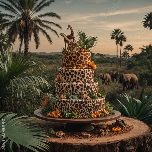 "A safari-themed cake with edible animals, palm trees, and earthy tones."

