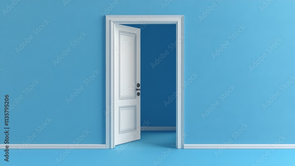 Open door in a bright blue room with minimalist design Open door in a bright blue room with minimalist design