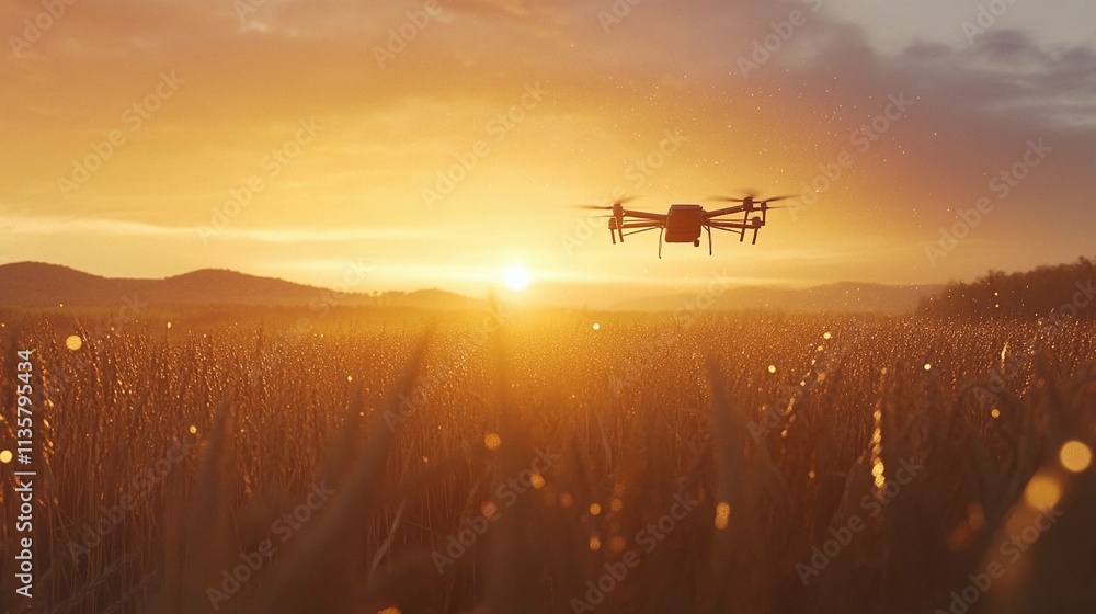 Drones flying during sunset over a golden field landscape. Generative AI Drones flying during sunset over a golden field landscape. Generative AI