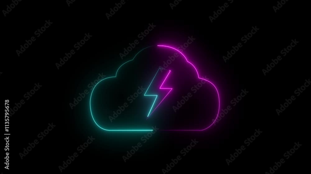 Neon glowing cloud storage icon with power icon animation on black background. Neon glowing cloud storage icon with power icon animation on black background.