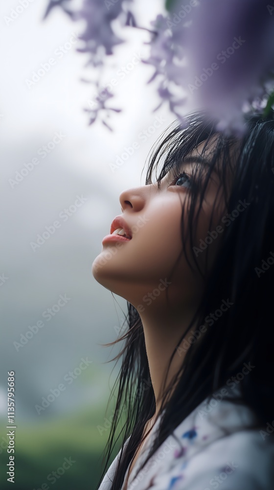 A young asian woman stands with her head tilted back, gazing upward in a misty landscape. Delicate flowers frame her face, enhancing the tranquil atmosphere and deepening her reflective expression. A young asian woman stands with her head tilted back, gazing upward in a misty landscape. Delicate flowers frame her face, enhancing the tranquil atmosphere and deepening her reflective expression.