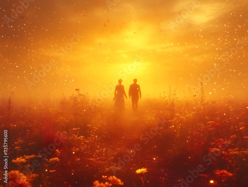 Couple Walking Through Orange Flower Field Sunset