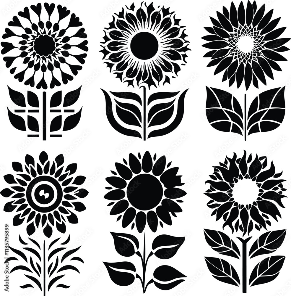 Fototapeta premium Black sunflower with silhouette vector hand-drawn style