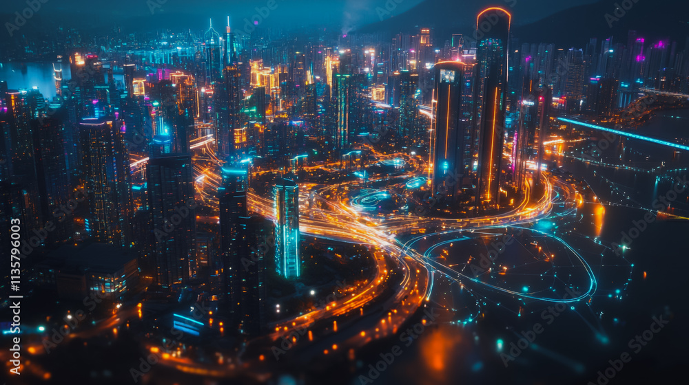 Fototapeta premium Smart digital Innovation city with connection network reciprocity over the cityscape. of future smart wireless digital city and social media networking systems that connects people with in city