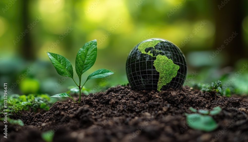 Young plant sprout beside a globe in soil. Illustrates environmental conservation, growth, and sustainability. Young plant sprout beside a globe in soil. Illustrates environmental conservation, growth, and sustainability.