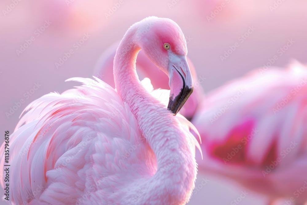Naklejka premium A vibrant pink flamingo stands out against a sea of green branches, its unique silhouette adding a pop of color to the scene.