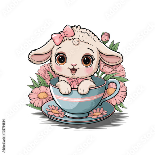 A cute white lamb with pink bow sitting in a blue teacup surrounded by flowers