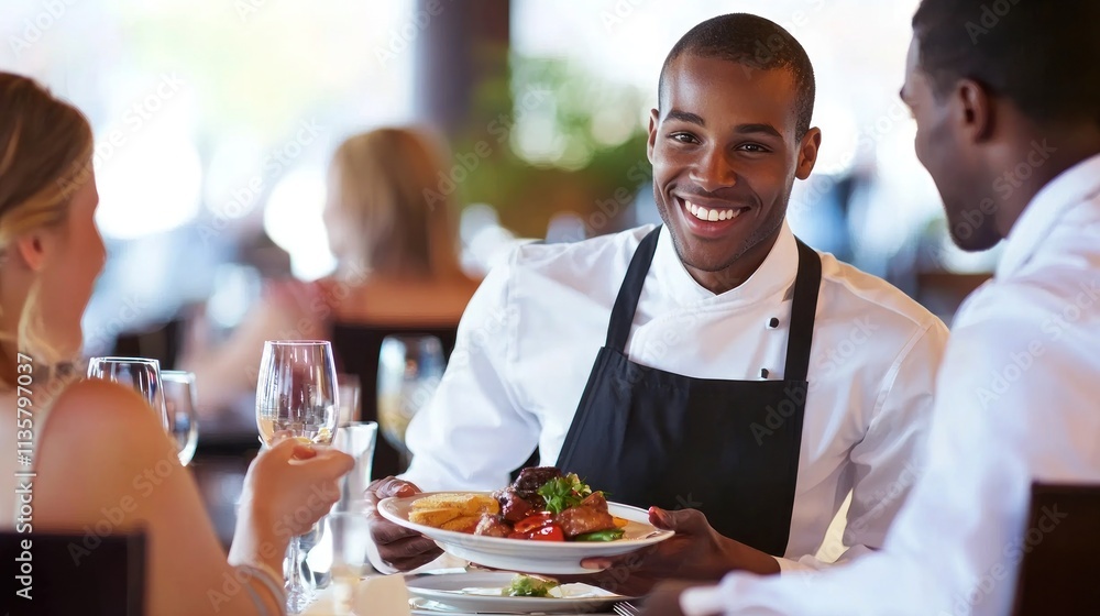 A friendly restaurant staff serving food to a table, smiling at customers. A friendly restaurant staff serving food to a table, smiling at customers.