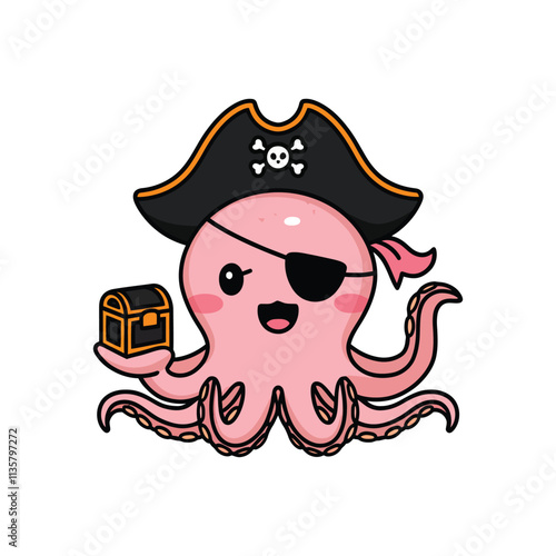 A cute pink octopus wearing a pirate hat and eye patch, holding a treasure chest, on a white background