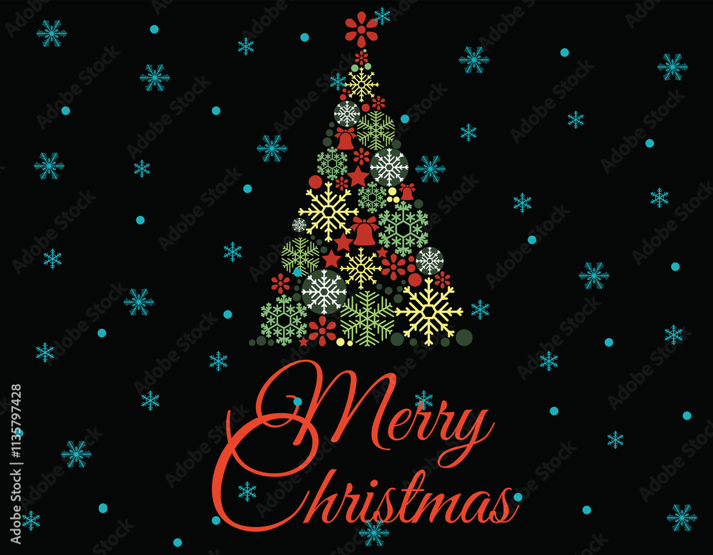 Merry Christmas, a tree made of snowflakes. Holiday typography illustration Merry Christmas, a tree made of snowflakes. Holiday typography illustration