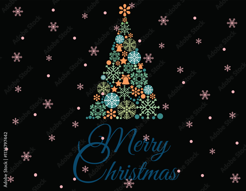 Merry Christmas, a tree made of snowflakes. Holiday typography illustration Merry Christmas, a tree made of snowflakes. Holiday typography illustration