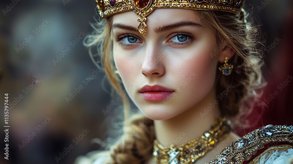 Regal Beauty A Captivating Portrait of a Crowned Queen from a Medieval Dynasty
