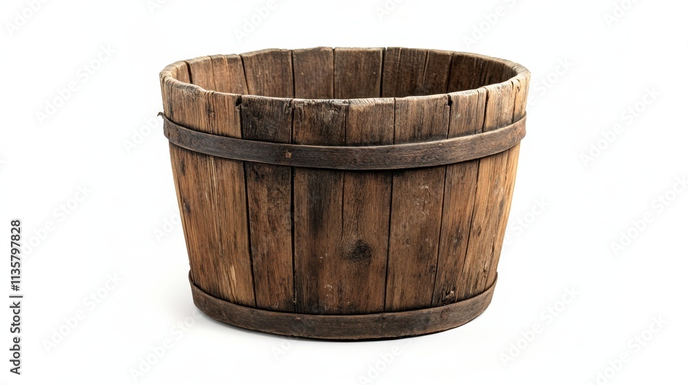 A weathered wooden bucket with natural grain textures, featured in an outdoor setting but focused on a white background. A weathered wooden bucket with natural grain textures, featured in an outdoor setting but focused on a white background.