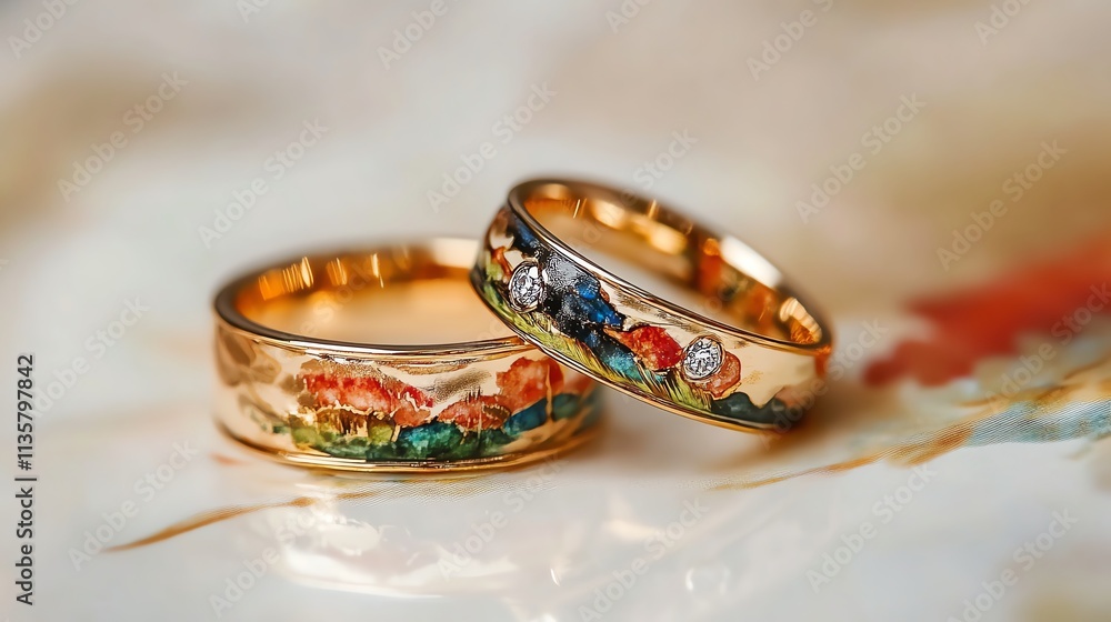 Elegant artistic wedding rings with colorful designs on a textured background. Elegant artistic wedding rings with colorful designs on a textured background.