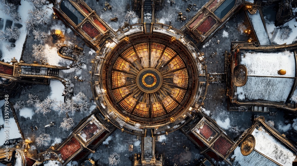 Obraz premium A top-down view of a gothic, steampunk skyport in winter with skyships, markets, shops, and stained glass churches, featuring ornate designs and a grim, horror-inspired, elegant atmosphere.