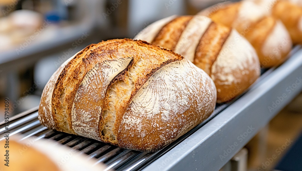 Freshly Baked Artisan Bread Loaves on Conveyor Belt Freshly Baked Artisan Bread Loaves on Conveyor Belt
