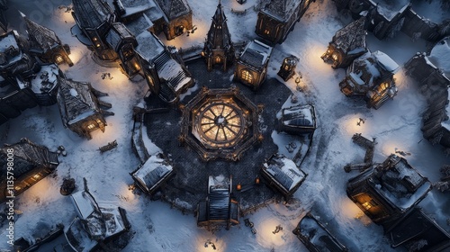 A top-down view of a gothic, steampunk skyport in winter with skyships, markets, shops, and stained glass churches, featuring ornate designs and a grim, horror-inspired, elegant atmosphere. photo