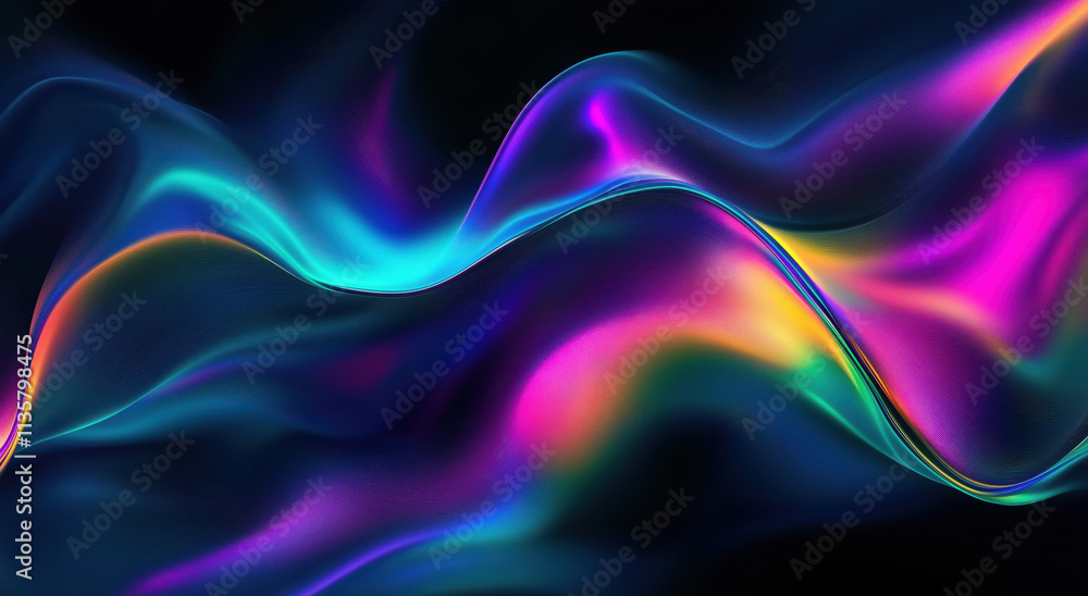 Colorful abstract waves flow gracefully in vibrant hues against a dark backdrop. Abstract colorful background with smooth wavy lines, holographic gradient colors, dark blue, purple, green, and yellow Colorful abstract waves flow gracefully in vibrant hues against a dark backdrop. Abstract colorful background with smooth wavy lines, holographic gradient colors, dark blue, purple, green, and yellow
