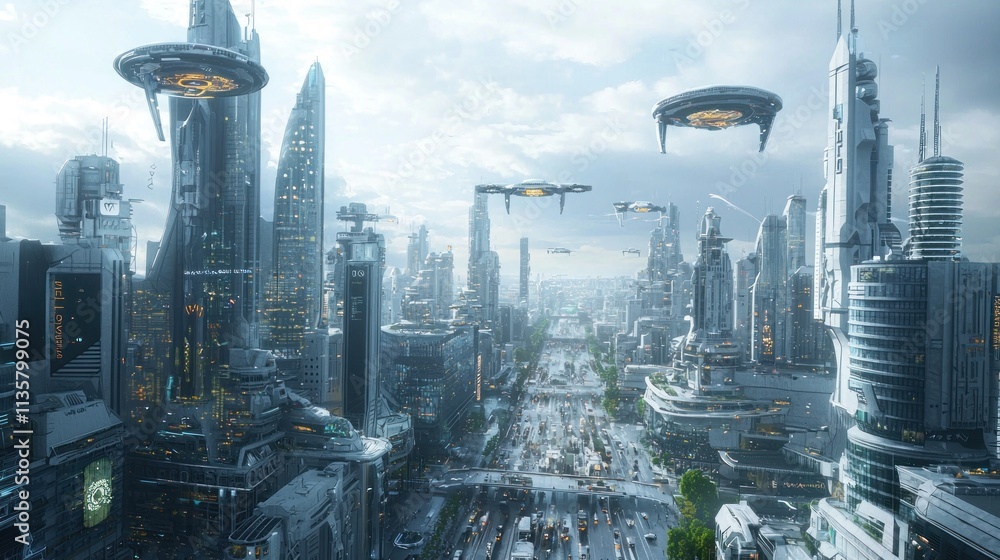 Obraz premium A futuristic city filled with flying cars, AI robots, and advanced technology innovations.
