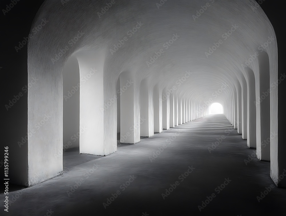 Naklejka premium A long white arched tunnel leading to light