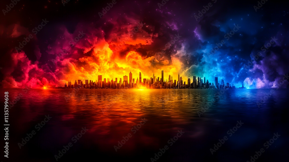 Vibrant City Skyline at Sunset with Colorful Clouds and Reflection Vibrant City Skyline at Sunset with Colorful Clouds and Reflection