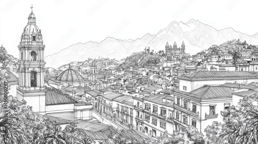 Intricate ink illustration of Quito, Ecuador showcasing its colonial architecture, vibrant cityscape, landmarks like the Basilica del Voto Nacional, and Panecillo hill, reflecting rich cultural histor Intricate ink illustration of Quito, Ecuador showcasing its colonial architecture, vibrant cityscape, landmarks like the Basilica del Voto Nacional, and Panecillo hill, reflecting rich cultural histor