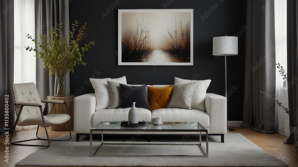 Interior design of living room interior with mock up poster frame, white sofa, modern pouf, glass coffee table, vase with branch, stylish rack and silver personal accessories. Home decor. Template Interior design of living room interior with mock up poster frame, white sofa, modern pouf, glass coffee table, vase with branch, stylish rack and silver personal accessories. Home decor. Template