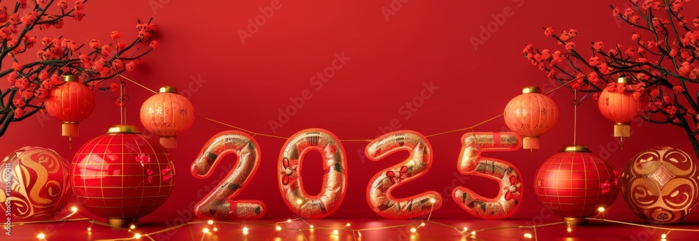 Happy Chinese New Year 2025. Greeting card with flowers and lanterns on red background. Happy Chinese New Year 2025. Greeting card with flowers and lanterns on red background.