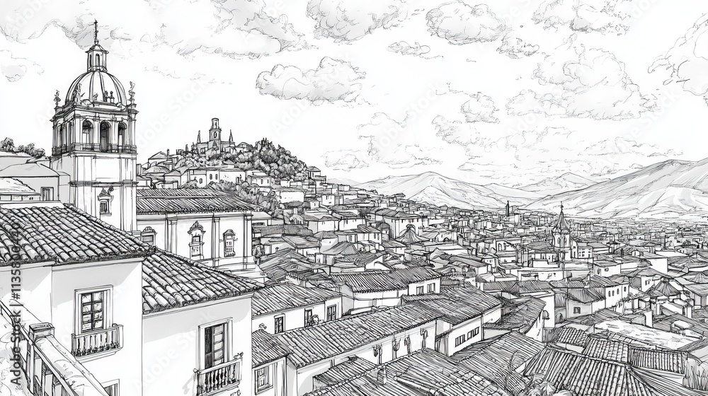 Intricate ink illustration of Quito, Ecuador showcasing its colonial architecture, vibrant cityscape, landmarks like the Basilica del Voto Nacional, and Panecillo hill, reflecting rich cultural histor Intricate ink illustration of Quito, Ecuador showcasing its colonial architecture, vibrant cityscape, landmarks like the Basilica del Voto Nacional, and Panecillo hill, reflecting rich cultural histor