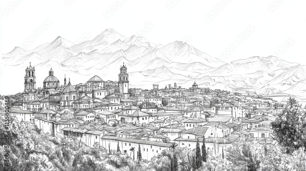Intricate ink illustration of Quito, Ecuador showcasing its colonial architecture, vibrant cityscape, landmarks like the Basilica del Voto Nacional, and Panecillo hill, reflecting rich cultural histor Intricate ink illustration of Quito, Ecuador showcasing its colonial architecture, vibrant cityscape, landmarks like the Basilica del Voto Nacional, and Panecillo hill, reflecting rich cultural histor