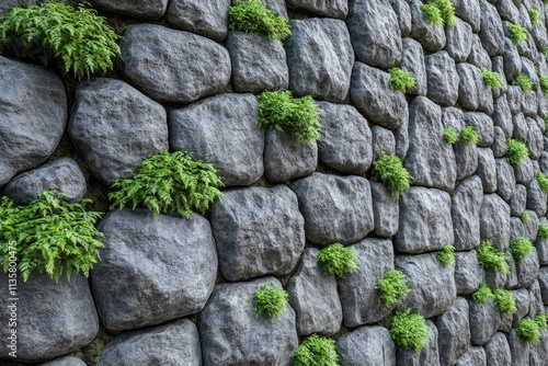 Grey stone wall with lush green plants growing between the rocks. Perfect for nature, architecture, or texture backgrounds.