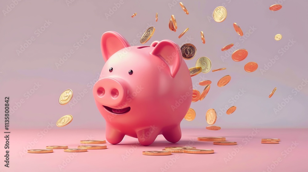 A pink piggy bank with gold coins on a pink background. A pink piggy bank with gold coins on a pink background.