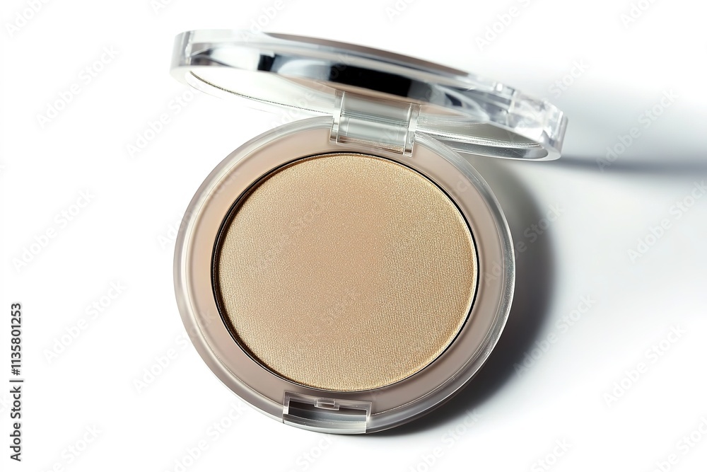 shimmering highlighter compact with clear lid displayed open to reveal golden powder isolated on white shimmering highlighter compact with clear lid displayed open to reveal golden powder isolated on white